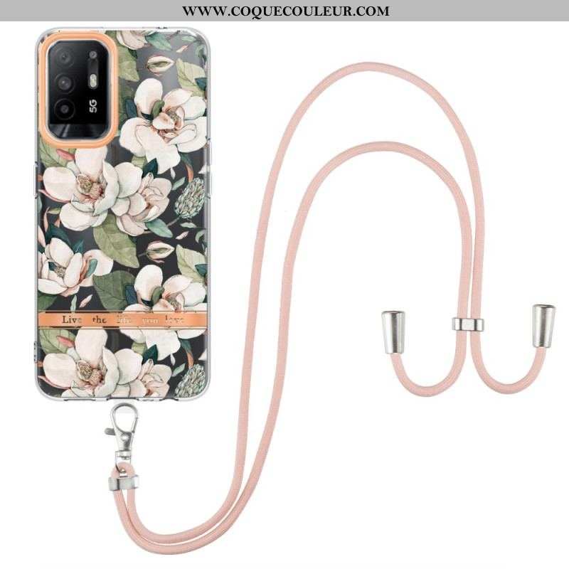 Coque Oppo A94 5G à Cordon Fleurs