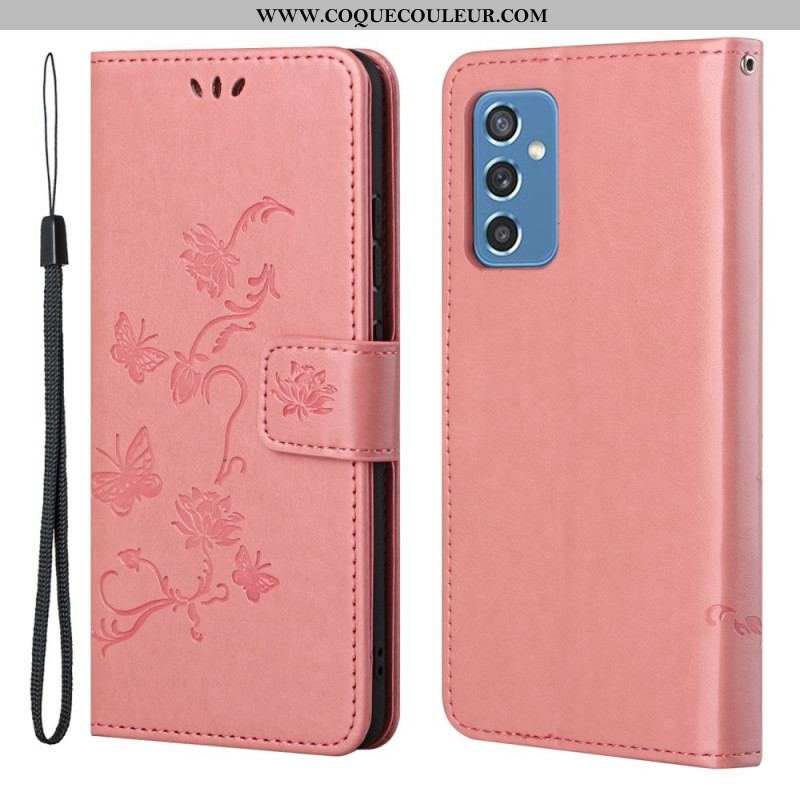 Housse Samsung Galaxy M52 5G Papillons et Fleurs à Lanière