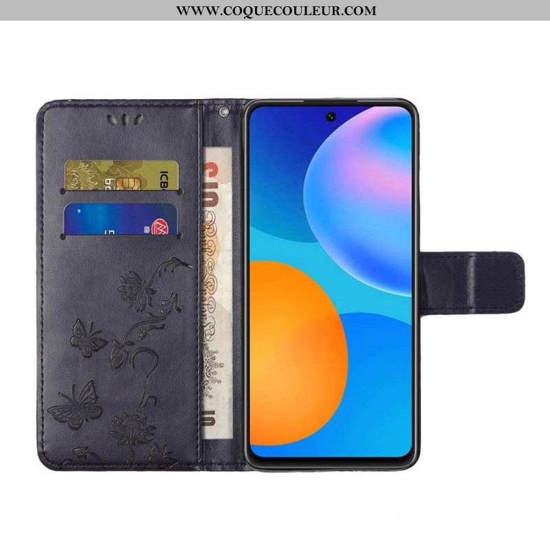 Housse Samsung Galaxy M52 5G Papillons et Fleurs à Lanière