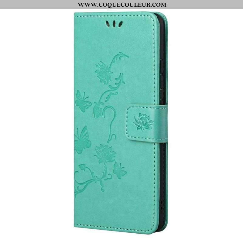 Housse Samsung Galaxy M52 5G Papillons et Fleurs à Lanière