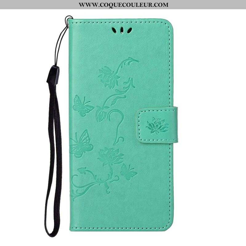 Housse Samsung Galaxy S21 5G Papillons Et Fleurs À Lanière