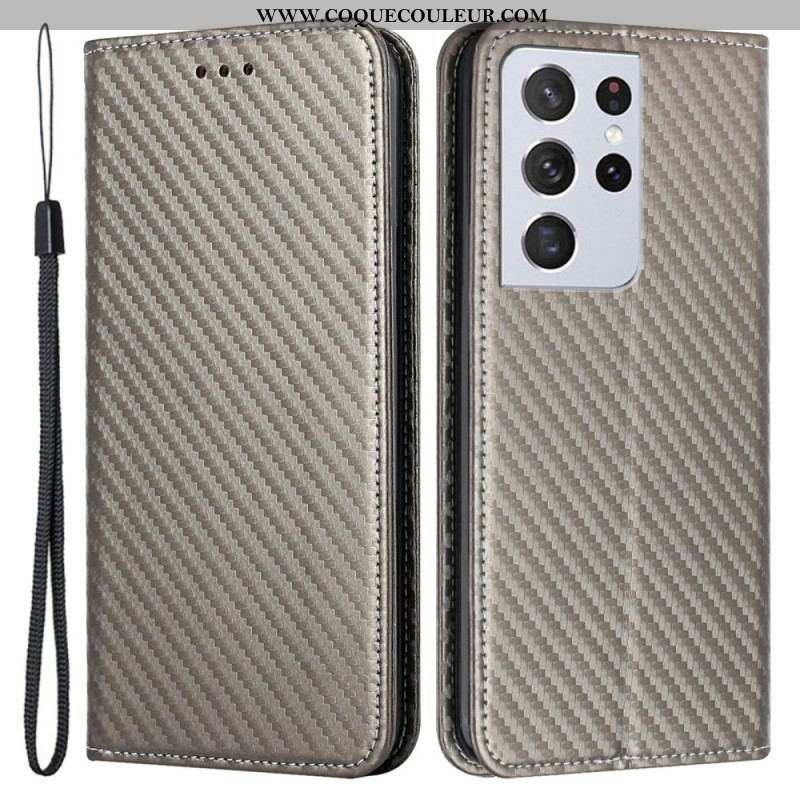 Flip Cover Samsung Galaxy S21 Ultra 5G Fibre Carbone à Lanière