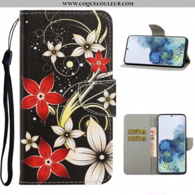 Housse Samsung Galaxy S21 Ultra 5G Fleurs Colorées à Lanière