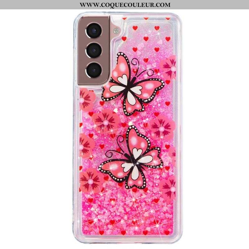 Coque Samsung Galaxy S22 5G Paillettes Papillons