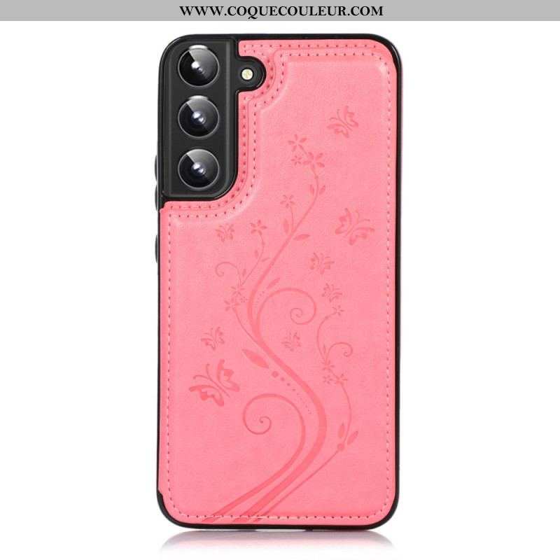 Coque Samsung Galaxy S22 5G Simili Cuir Porte-Cartes Support Fleurs