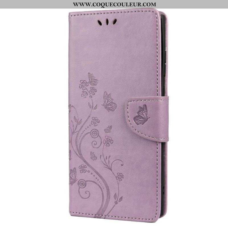 Housse Samsung Galaxy S22 Ultra 5G Papillons Et Fleurs avec Lanière