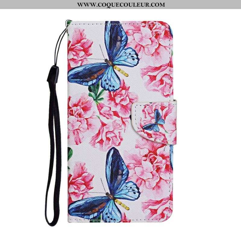 Housse Samsung Galaxy S22 Ultra 5G Papillons Floraux Lanière