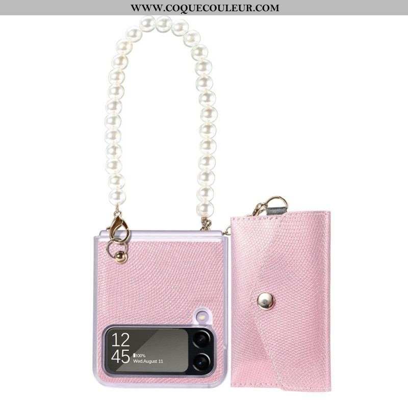 Coque Samsung Galaxy Z Flip 4 Porte-cartes et Lanière Perles