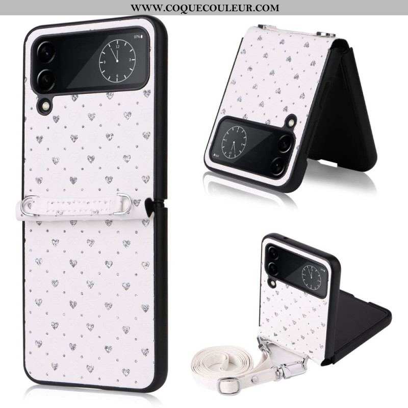 Coque Samsung Galaxy Z Flip 4 Multiples Coeurs et Bandoulière