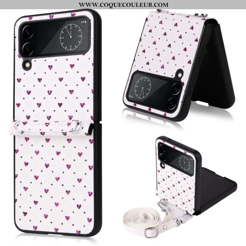 Coque Samsung Galaxy Z Flip 4 Multiples Coeurs et Bandoulière