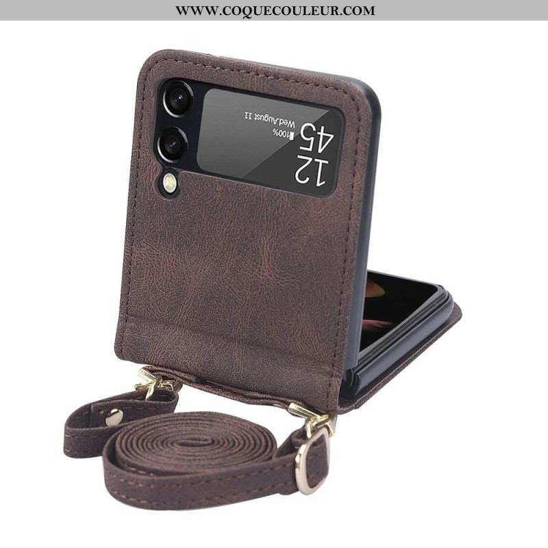 Coque Samsung Galaxy Z Flip 4 Effet Cuir Couture et bandoulière