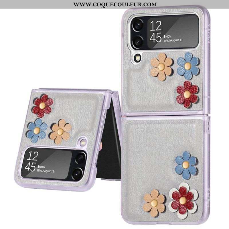 Coque Samsung Galaxy Z Flip 4 Simili Cuir Fleurs