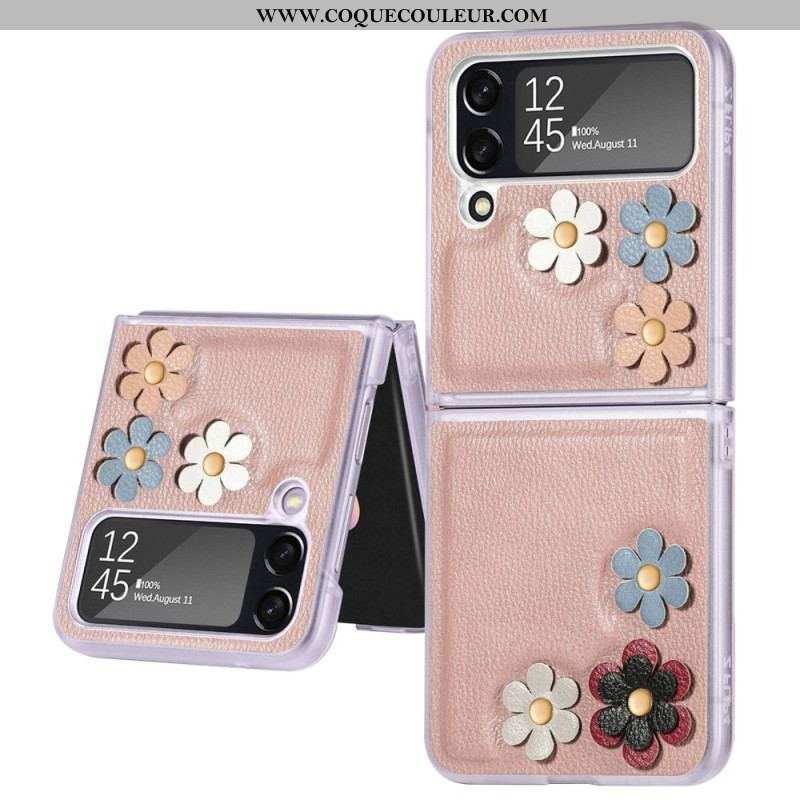 Coque Samsung Galaxy Z Flip 4 Simili Cuir Fleurs