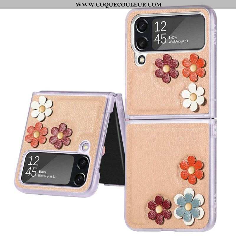 Coque Samsung Galaxy Z Flip 4 Simili Cuir Fleurs