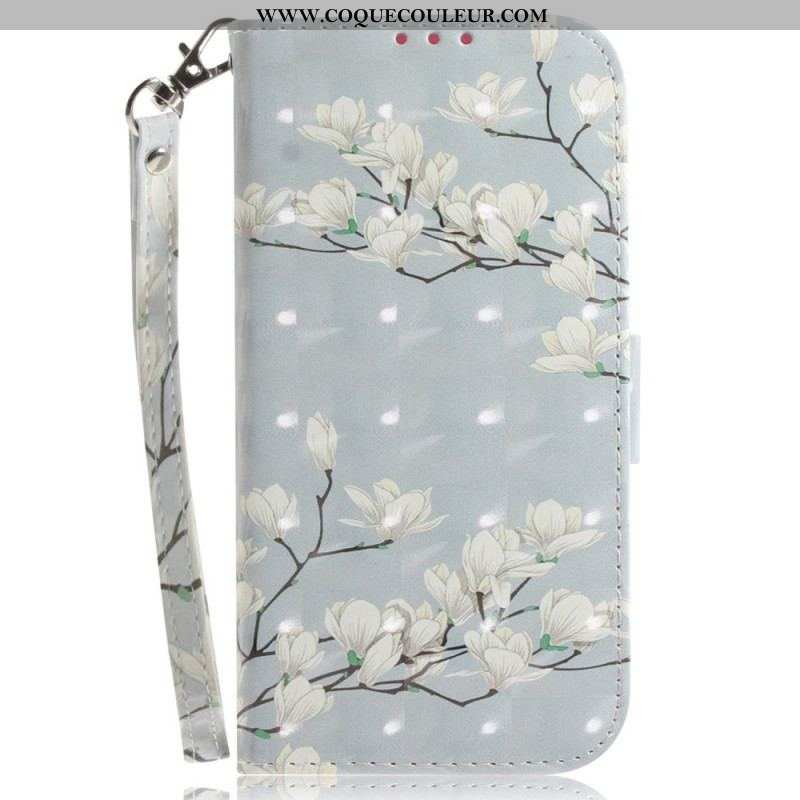 Housse Xiaomi 12 / 12X Fleurs Blanches à Lanière