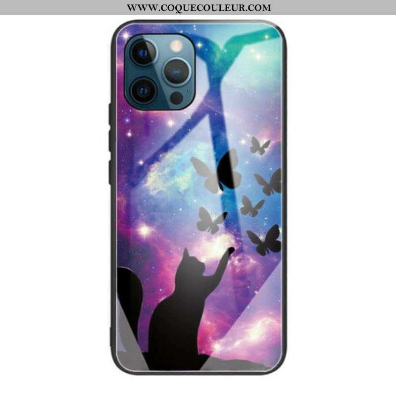 Coque iPhone 13 Pro Verre Trempé Chat et Papillons Dans l'Espace