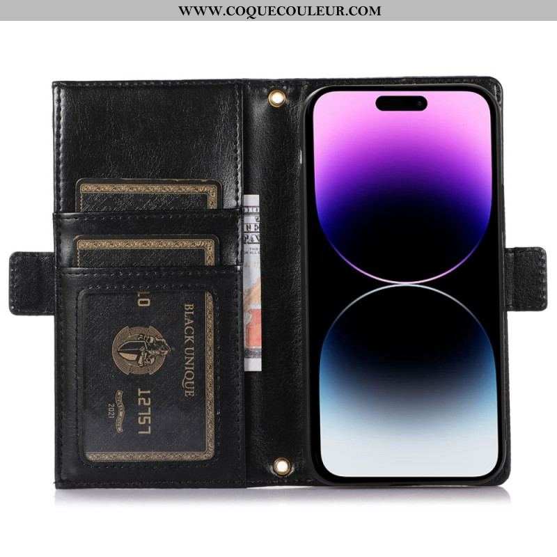 Flip Cover iPhone 14 Pro Max Pochette Frontale et Lanière