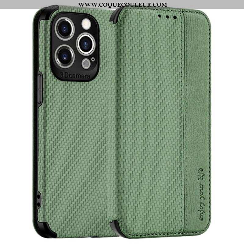 Flip Cover iPhone 14 Pro Max Fibre Carbone Fermoir Ventouse