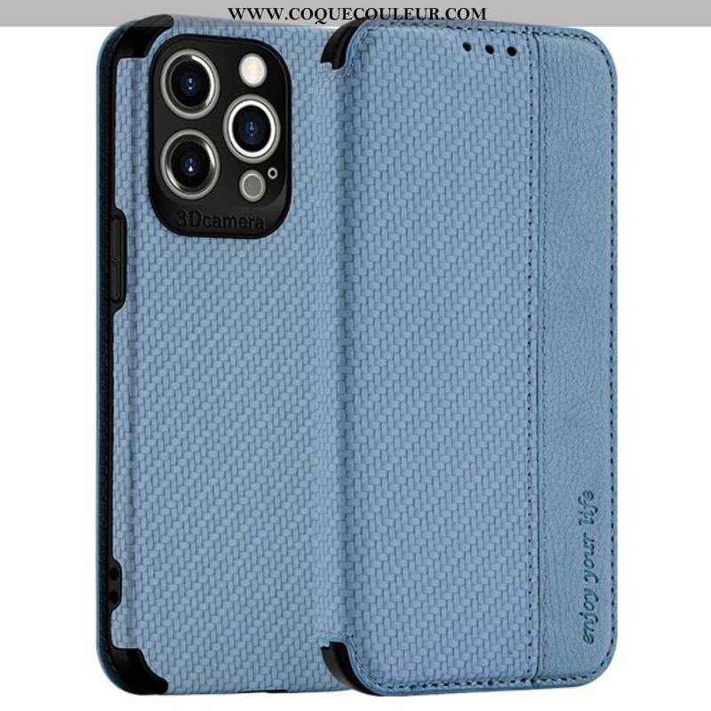 Flip Cover iPhone 14 Pro Max Fibre Carbone Fermoir Ventouse