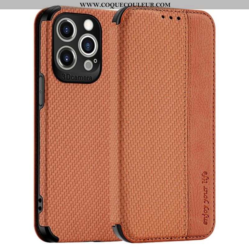 Flip Cover iPhone 14 Pro Max Fibre Carbone Fermoir Ventouse