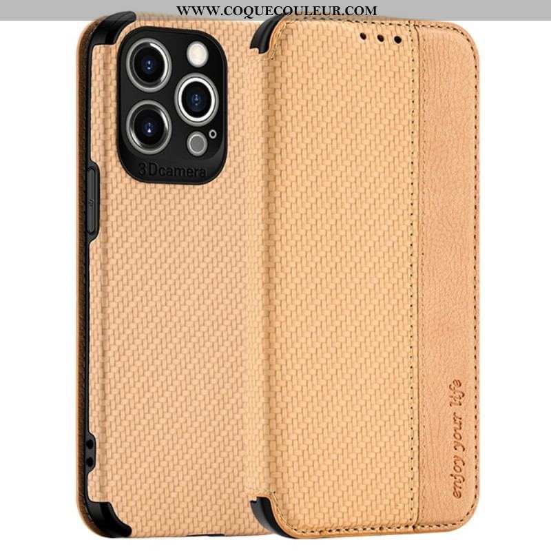 Flip Cover iPhone 14 Pro Max Fibre Carbone Fermoir Ventouse