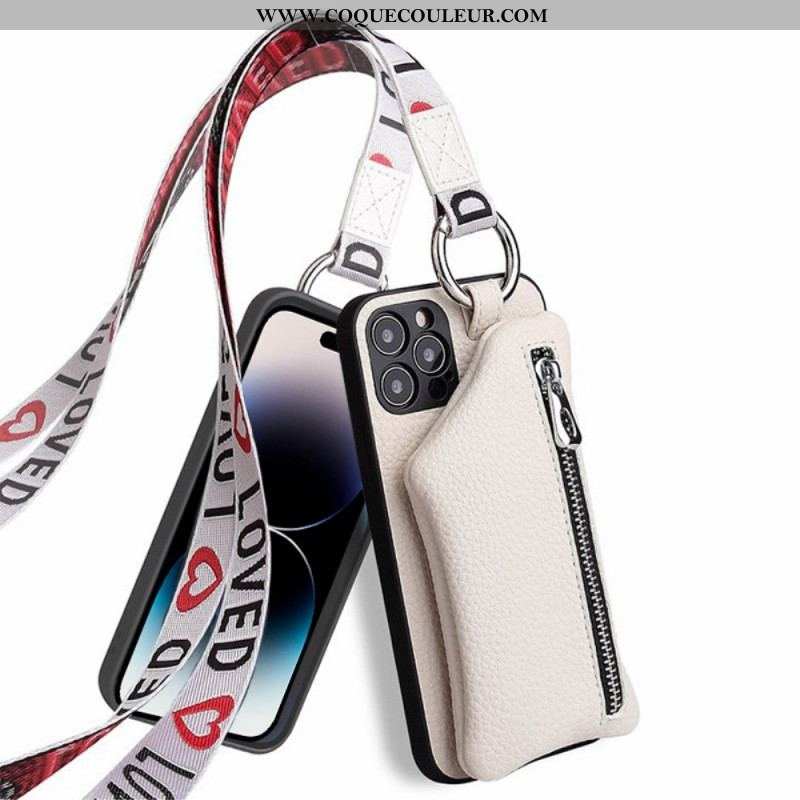 Coque iPhone 14 Pro Max Porte Monnaie et Lanière