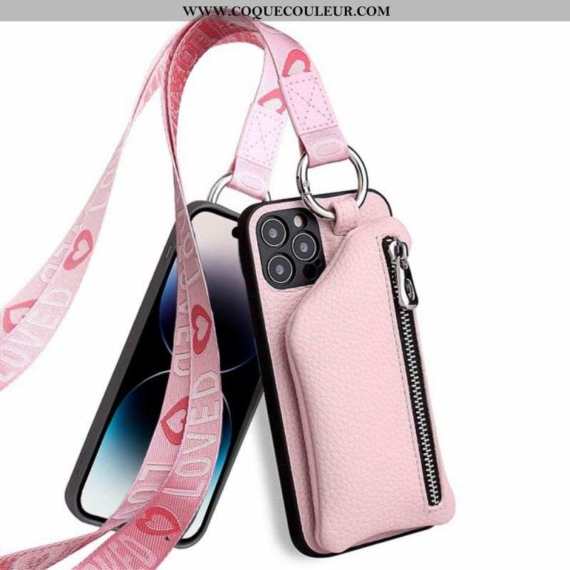 Coque iPhone 14 Pro Max Porte Monnaie et Lanière