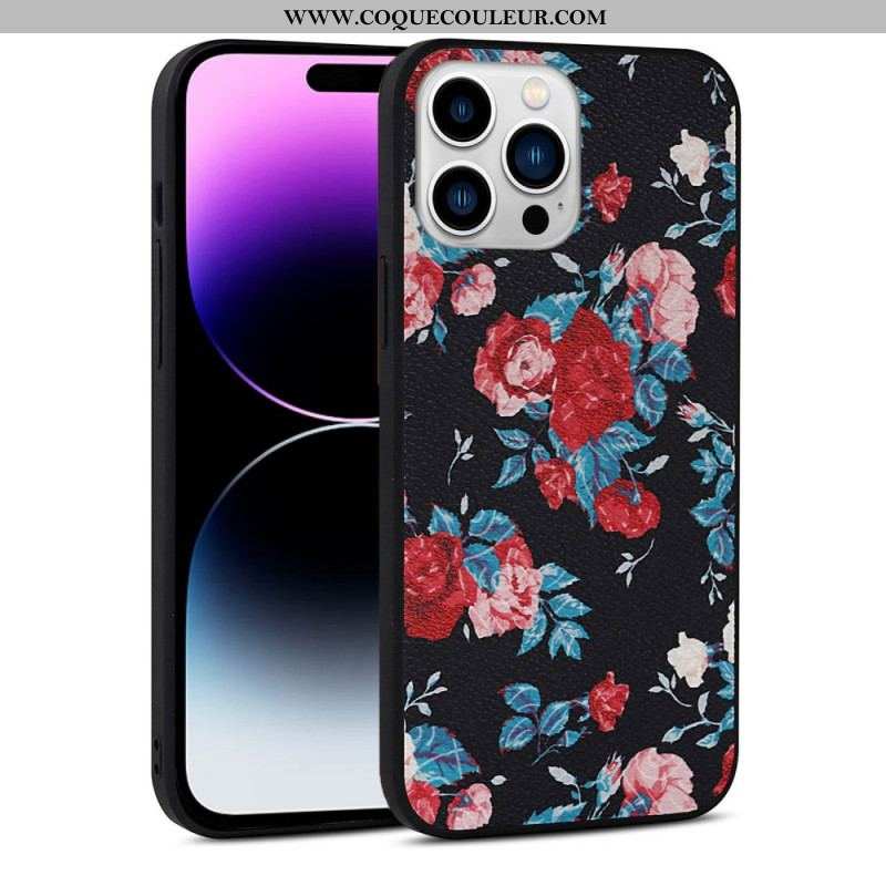 Coque iPhone 14 Pro Simili Cuir Florale