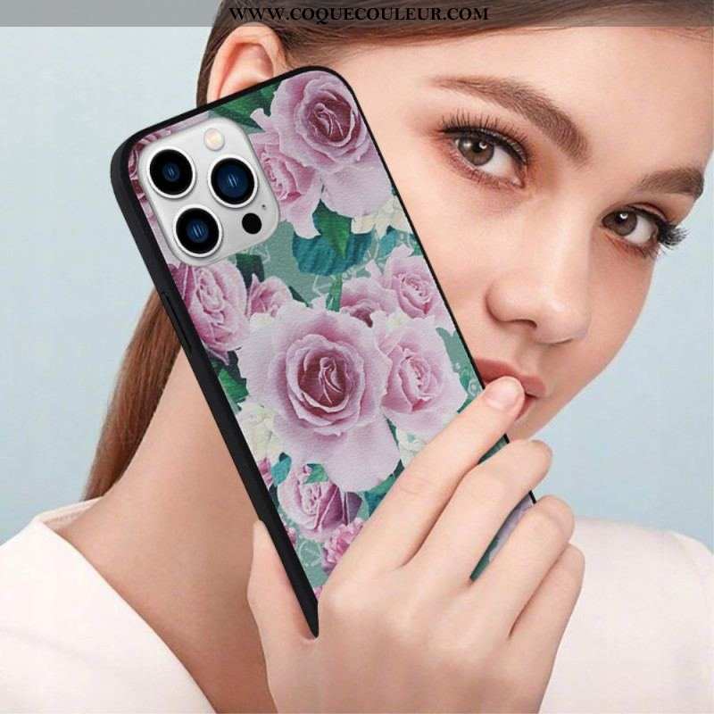 Coque iPhone 14 Pro Simili Cuir Florale