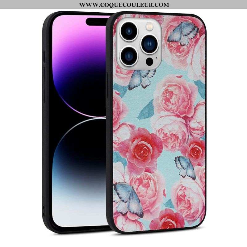 Coque iPhone 14 Pro Simili Cuir Florale