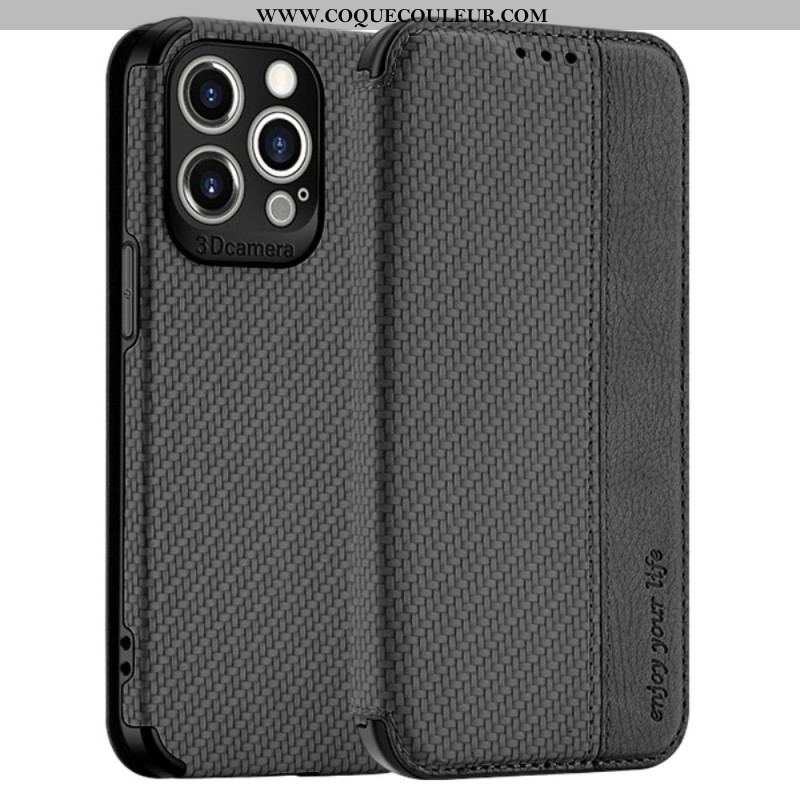 Flip Cover iPhone 14 Pro Fibre Carbone Fermoir Ventouse