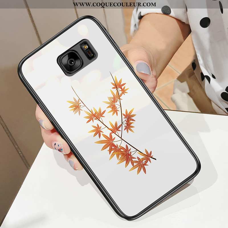 Housse Samsung Galaxy S7 Verre Feuille Étoile, Étui Samsung Galaxy S7 Tendance Coque Blanche