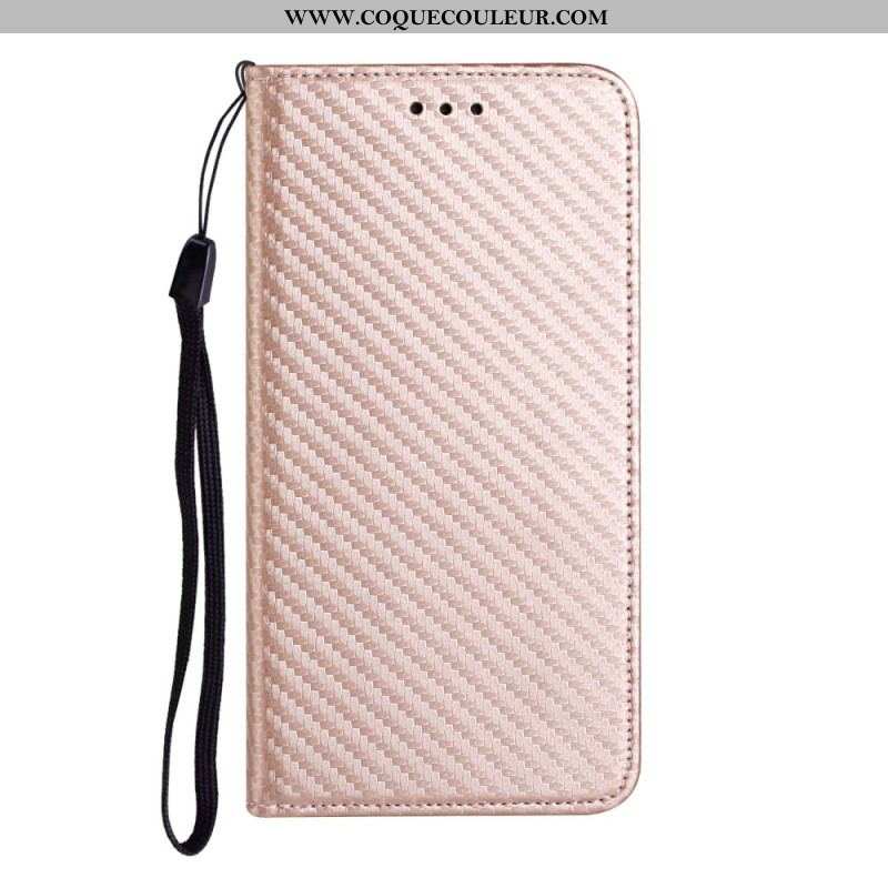 Flip Cover iPhone 15 Plus Fibre Carbone à Lanière