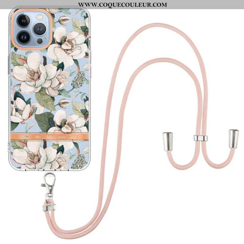 Coque iPhone 15 Pro Max à Cordon Fleurs