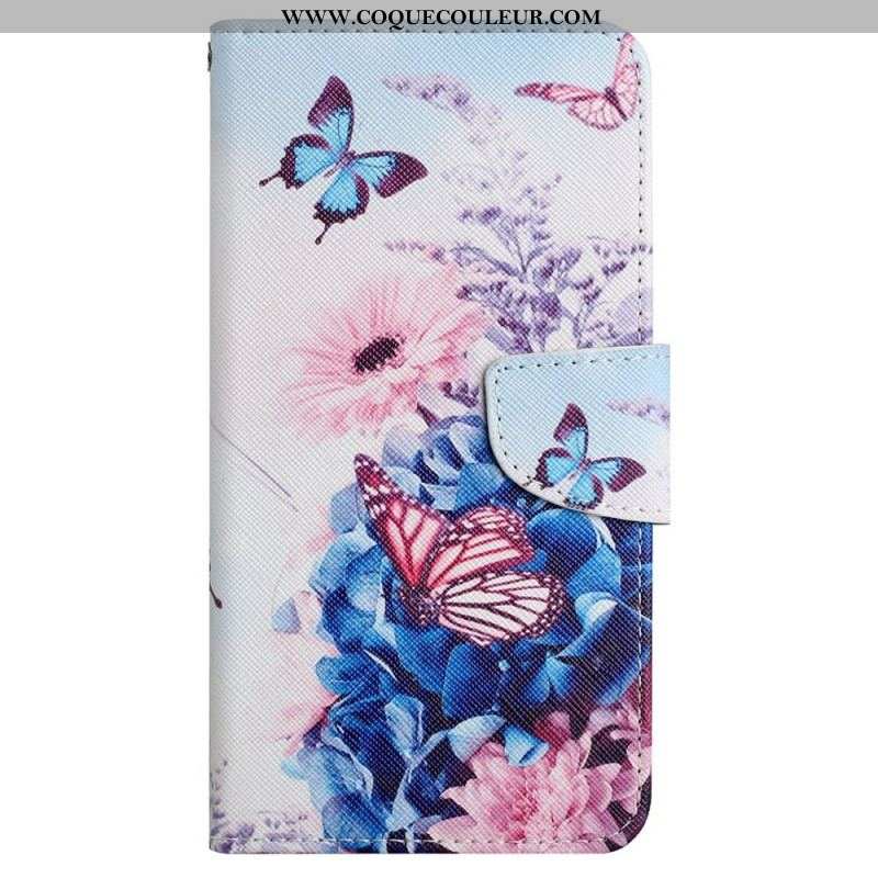 Housse iPhone 15 Papillons et Fleurs à Lanière