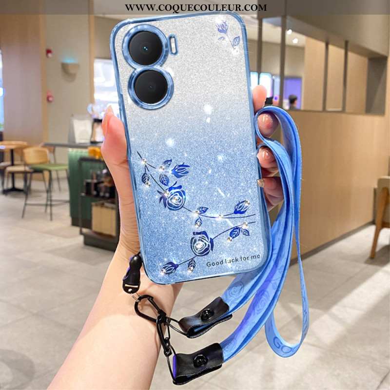 Coque Huawei Nova 12 SE Fleurs et Strass à Lanière