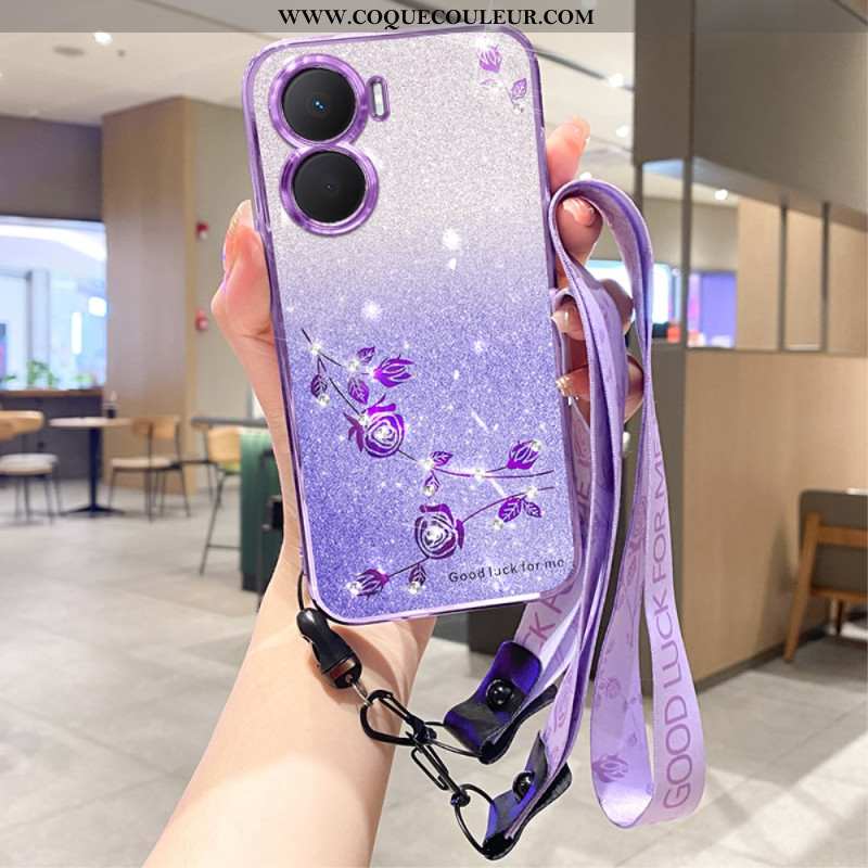 Coque Huawei Nova 12 SE Fleurs et Strass à Lanière