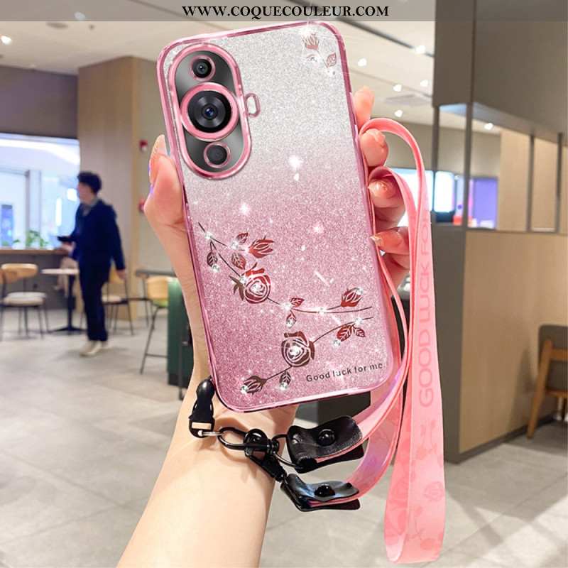 Coque Huawei Nova 12S Fleurs et Strass à Lanière KADEM