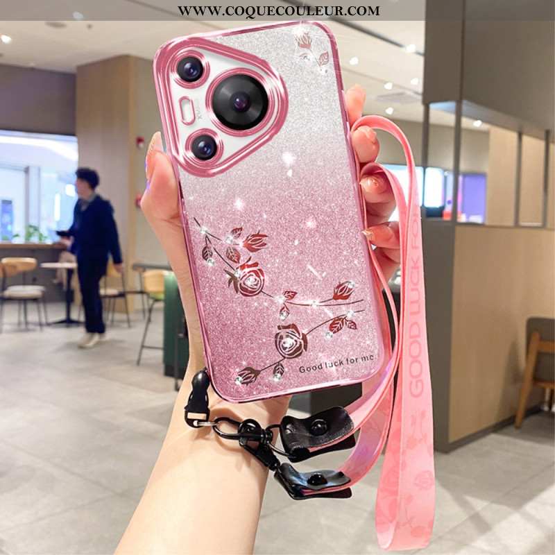 Coque Huawei Pura 70 Pro Fleurs et Strass avec Lanière