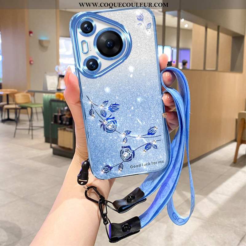 Coque Huawei Pura 70 Pro Fleurs et Strass avec Lanière