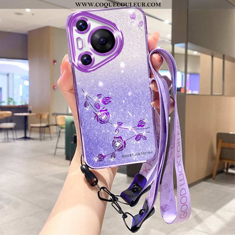 Coque Huawei Pura 70 Pro Fleurs et Strass avec Lanière