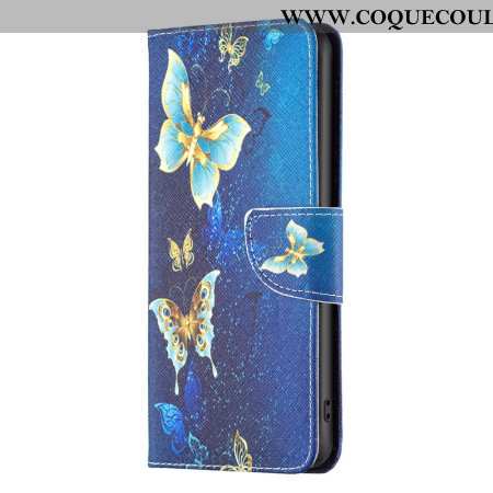 Housse OnePlus 12 5G Papillons Dorés sur Fond Bleu