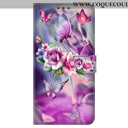 Housse Oppo A98 5G Papillons et Fleurs Violettes