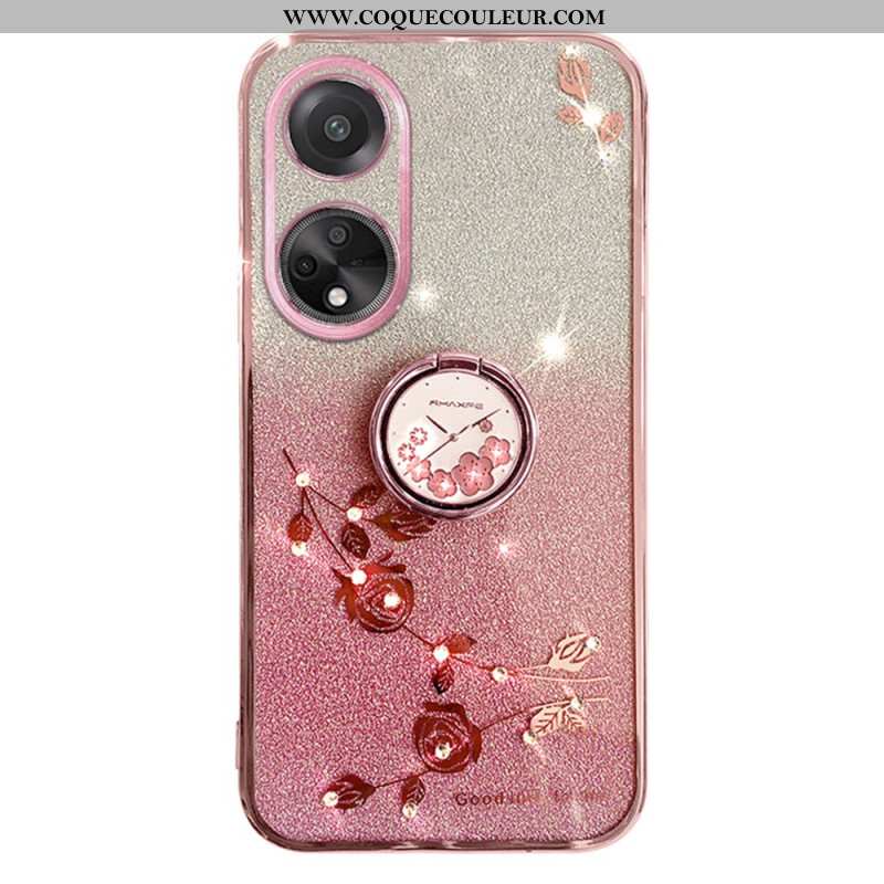 Coque Oppo A98 5G Anneau-Support Fleurs et Strass