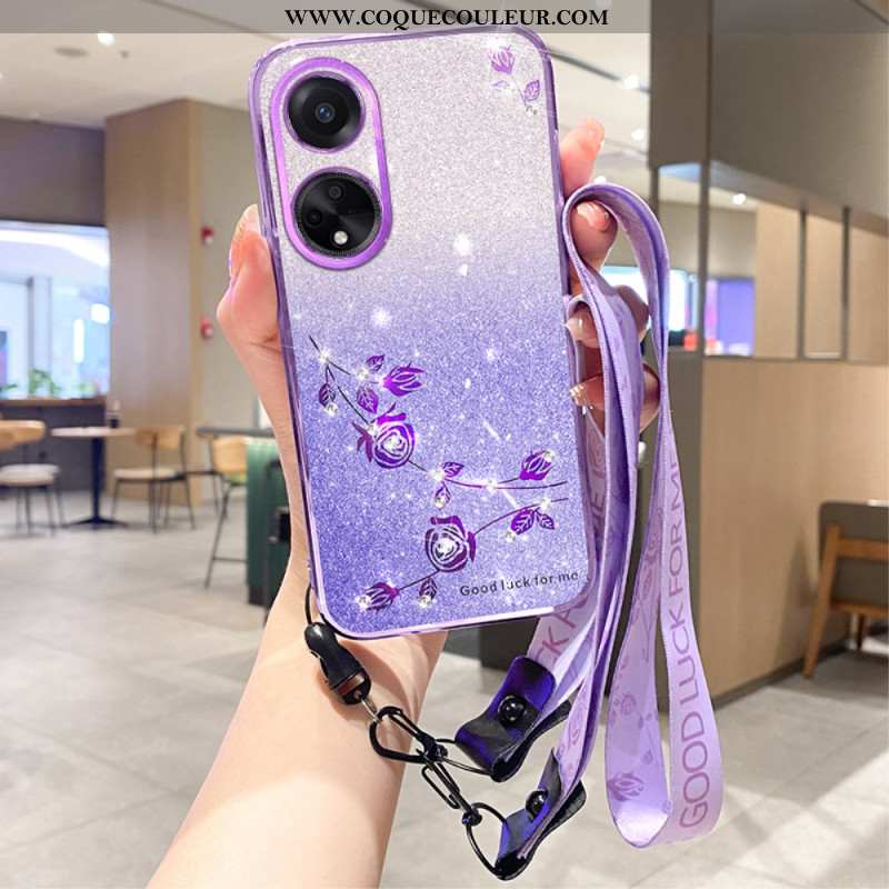 Coque Oppo A98 5G Fleurs et Strass à Lanière KADEM