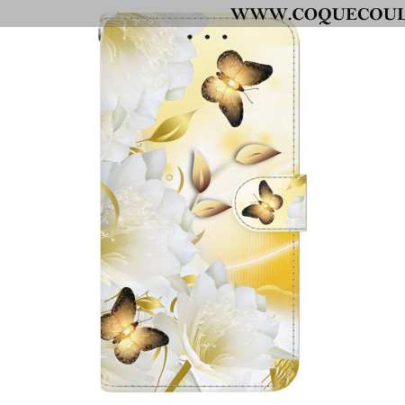 Housse Oppo Reno 11 5G Papillons Dorés et Fleurs à Lanière