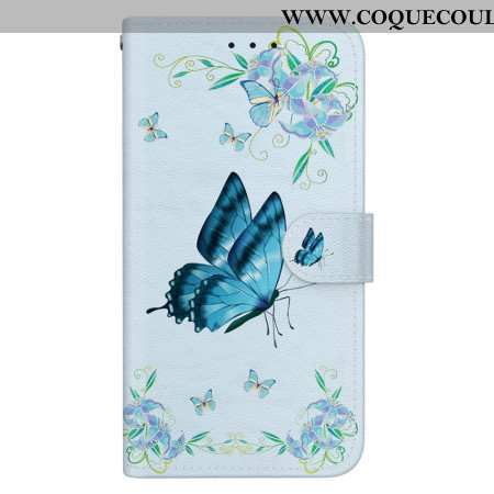 Housse Oppo Reno 11 5G Papillon Bleu et Fleurs à Lanière