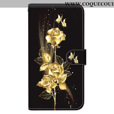 Housse Oppo Reno 11 5G Papillons Dorés et Roses à Lanière