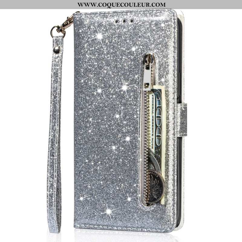 Housse Samsung Galaxy A55 5G Porte-Monnaie Paillettes à Lanière