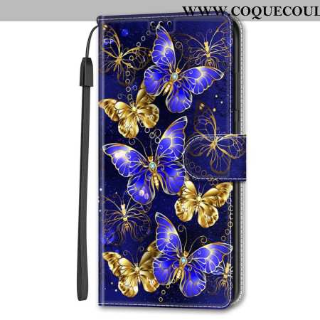 Housse Samsung Galaxy S24 5G Papillons Dorés et Bleus à Lanière